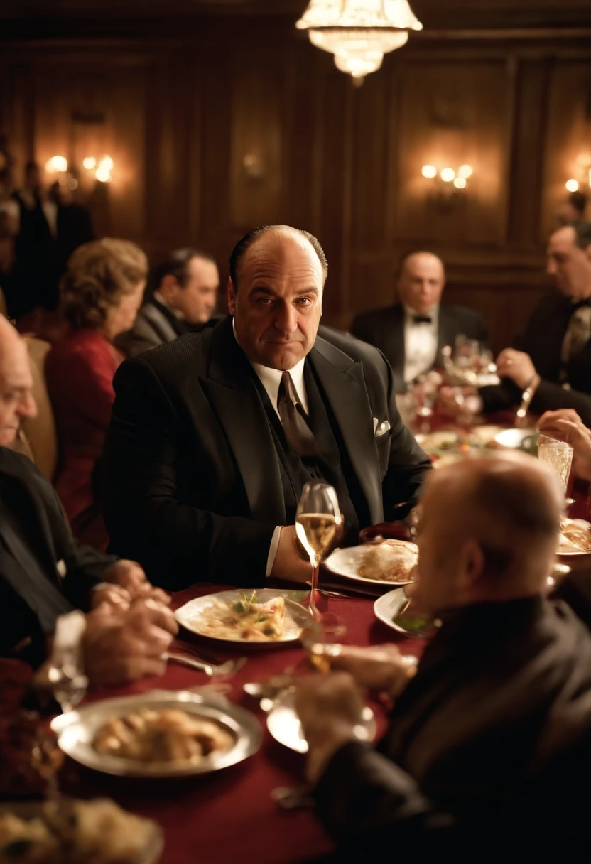 A photo of Tony indulging in a lavish Italian feast with friends and family.,The Sopranos,Tony Soprano, the fictional mob boss in “The Sopranos,” is a physically imposing figure, with a broad, stocky build, and a face that often shifts between a charming smile and a menacing glare. His attire, usually consisting of sharply tailored suits or casual polo shirts, adds to his air of authority and the duality of his life as a mobster and family man.