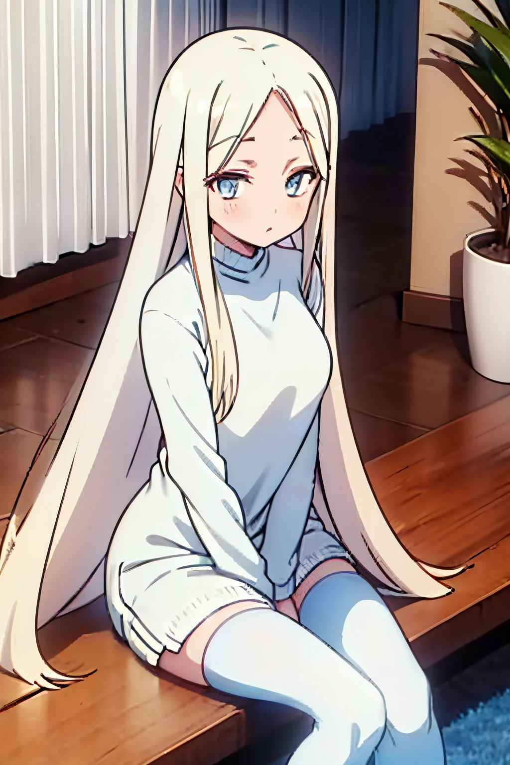 Young, slim, and very petite woman with long yellow hair, bangs across her forehead, bright blue eyes, wearing a white wool sweater that subtly emphasizes her bust, white stockings. She is sitting at the kitchen table with her legs crossed, reading a book on a large sofa in the living room.