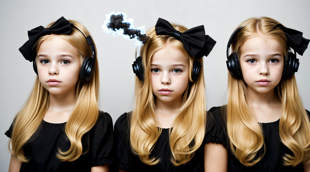 two BLONDE girls with bows on their heads and one wearing a BLACK dress, HEADPHONES FIRE AND FIRE. smoke billowing, gemini twins portrait, faixa de cabelo AMARELO,