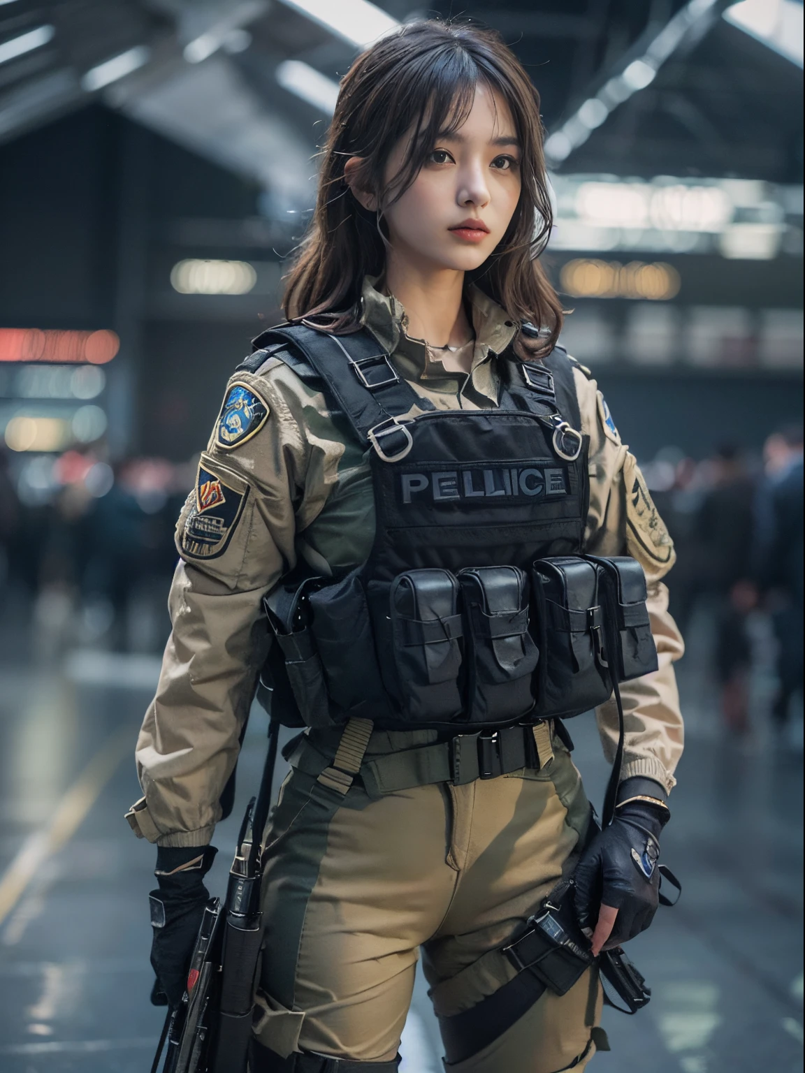 (Highest image quality, excellent details, Ultra-high resolution), (Realism: 1.4),  a beauty girl, with a delicate and beautiful face, ((Bold shots、Lively shots)), Slender and tall beautiful girl, (Black racing suit、I like police uniforms, A large number of equipment、Wearing a military harness, Have a submachine gun), ((With the airport terminal in the background,waiting、Special Forces Helmet、Combat stance、terrorist alert、patrol、The back view is also cool))