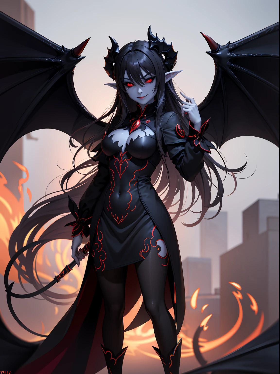 (highly detailed:1.3), evil smile, black sclera, 
mgedemon, wings, tail, , completely , 
Ultra-detail, (highres:1.1), best quality, (masterpiece:1.3), cinematic lighting, POVHipGrabCowgirl, heterohromia, on the street, night, black clothes