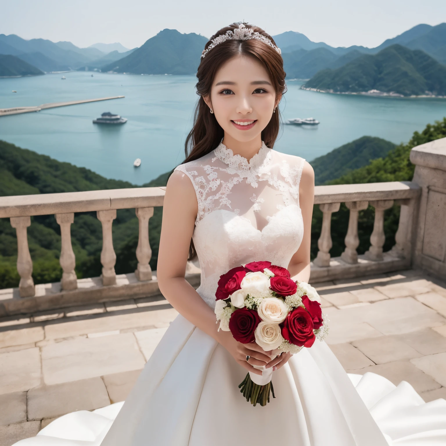 ((top-quality、masutepiece、8K、Top image quality、SFW))、(bright and vivid:1.3)、(1 photo:1.3)、((Korean beauty、most luxurious wedding dresses、Wedding bouquet、wedding lace、perfect wedding lace、perfect bride、korean bride、Korean Face、korean hair color、Korean skin color))、(South Korea's global tourist destinations on the background、Korea's world heritage sites:1.3)、cowboy shot、the biggest smile when you look at me、perfect anatomia、Perfect fingers、perfect hand