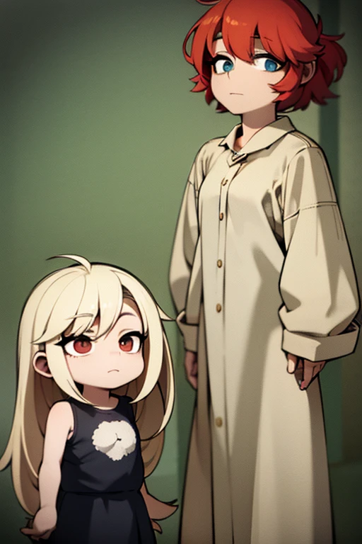 A blond haired girl with teal eyes is posing next to a red haired girl with red eyes