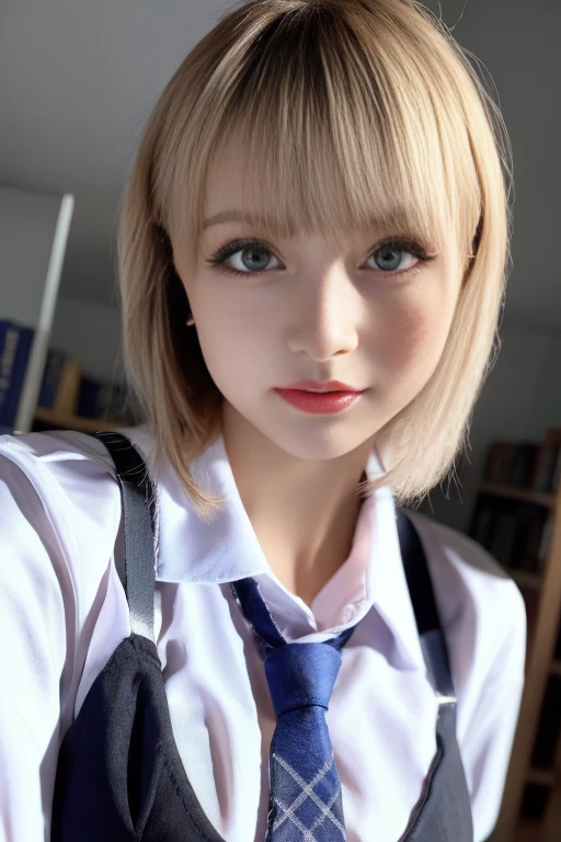 Top image quality、Raw photography、超A high resolution、-yeld Kon、very large breast、Cleavage breasts、student clothes、Collared shirt、School uniform shirt、Shirt not closed、plaid skirts、Black bra、fair white skin、shiny white skin、a short bob、bright silver hair、bright white hair、、Beautiful eyes with random colors、very thin lips、Beautiful eyes in every detail、elongated eyes、pale pink blush、long eyeslashes、Beautiful double eyelids、eyeshadows、Beautiful abs、Beautiful navel、Beautiful ribs、a necklace、耳环、Night School、Library dimly lit at night、Very dark atmosphere、Very frightening atmosphere、Black ceiling、Black walls、Very dark lighting