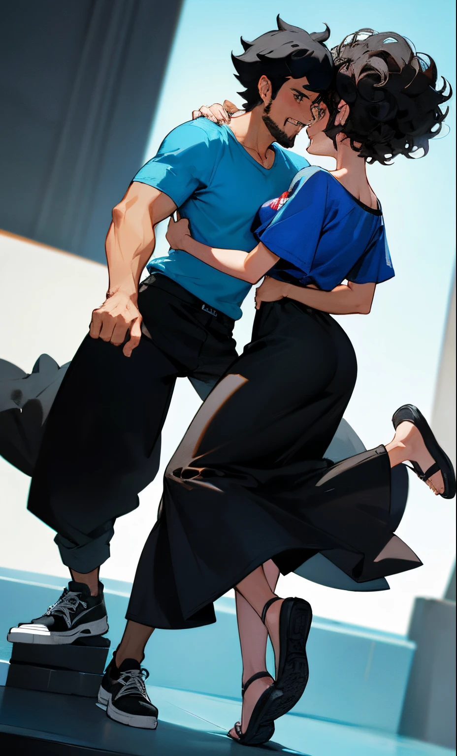 Create two Disney Pixar 3d style characters with the following characteristics: 34 year old man, White, beard, short curly hair, Medium height, blue t-shirt, Black shorts, black sneakers, holding hands with a black woman with black hair Power, she is wearing a semi-long dress and is 35 years old, white sandals. The two are lovers. He is white and she is black.