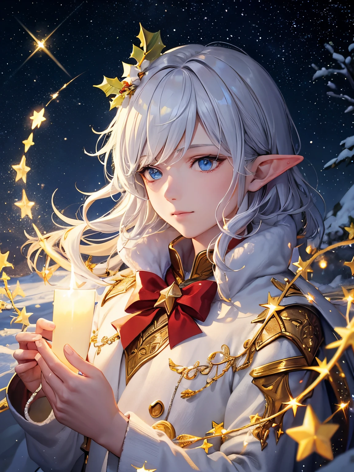 elvish,high detailing, Super Detail, 超A high resolution, Boy enjoying time in snowy galaxy,must have gold ash hair, surrounded by snow, A warm light fell on him, Starry sky with colorful snow and galaxy clouds in the background, stars are flying around him, Delicate face, Add a playful atmosphere , --V6,Flowing light,Dazzling light,light reflections,Christmas Wreath