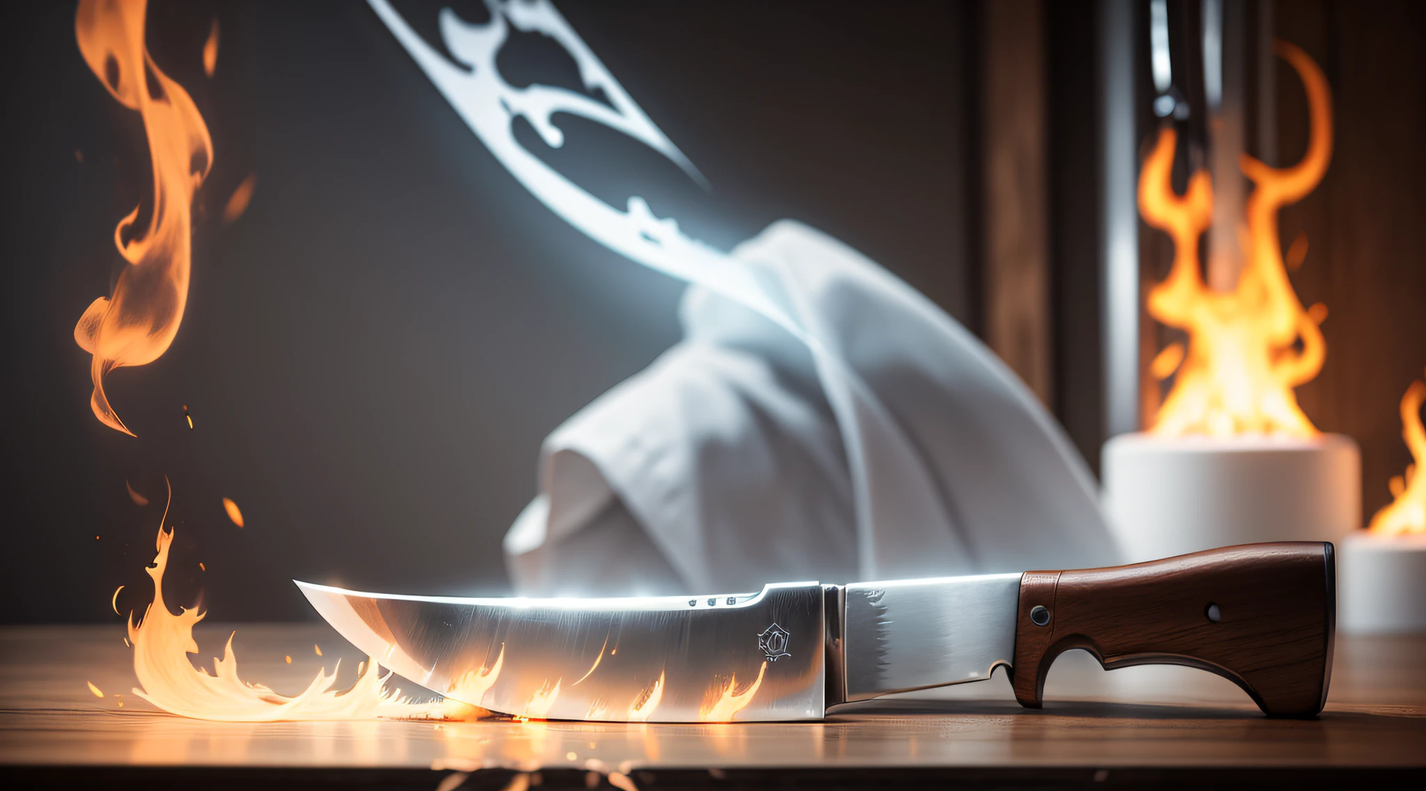 Ghostly kitchen knife embedded into a table, flaming white.