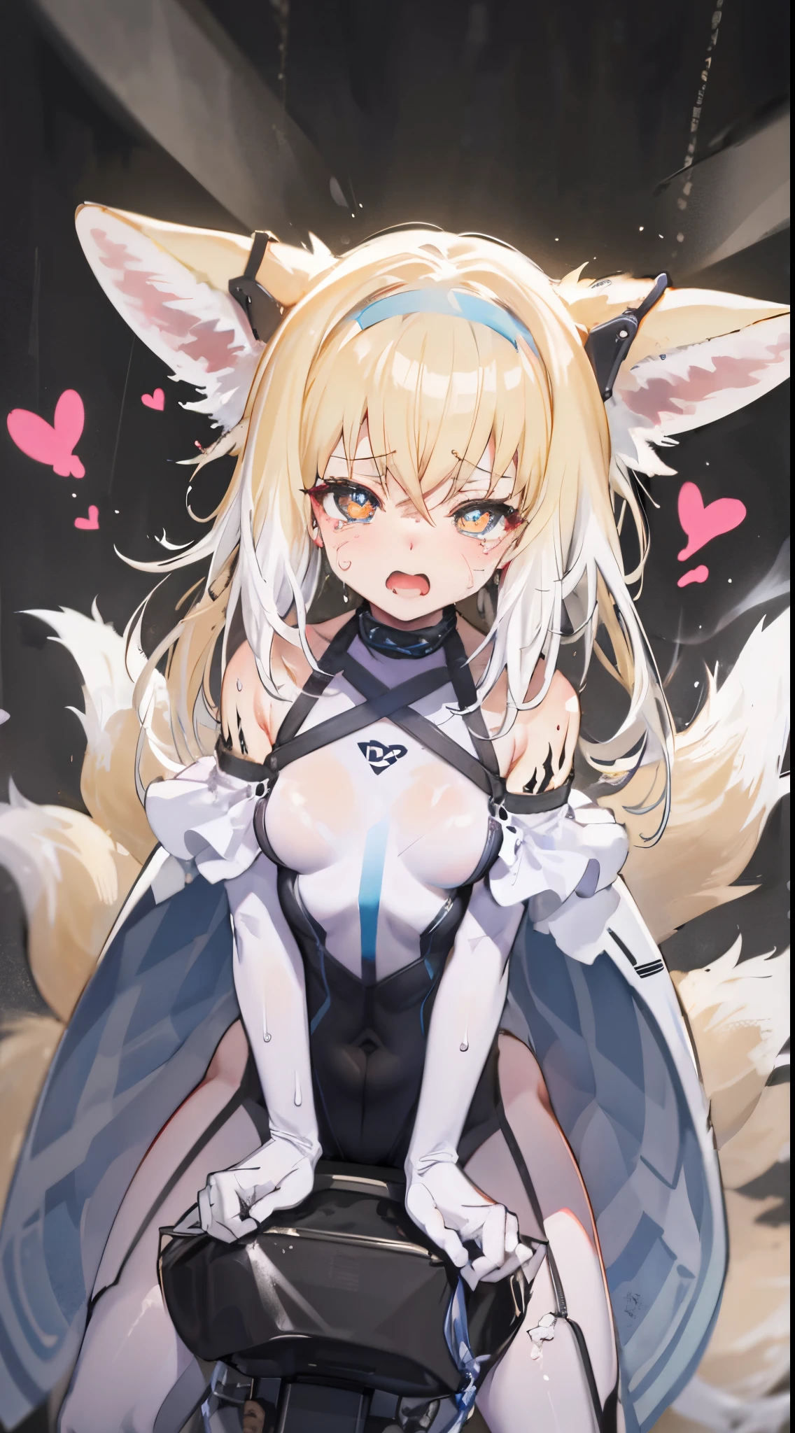riding machine, 1girl, solo, breasts, sweat, tears,heart-shaped pupils, ahegao, steaming body,  bodysuit,v-arms,