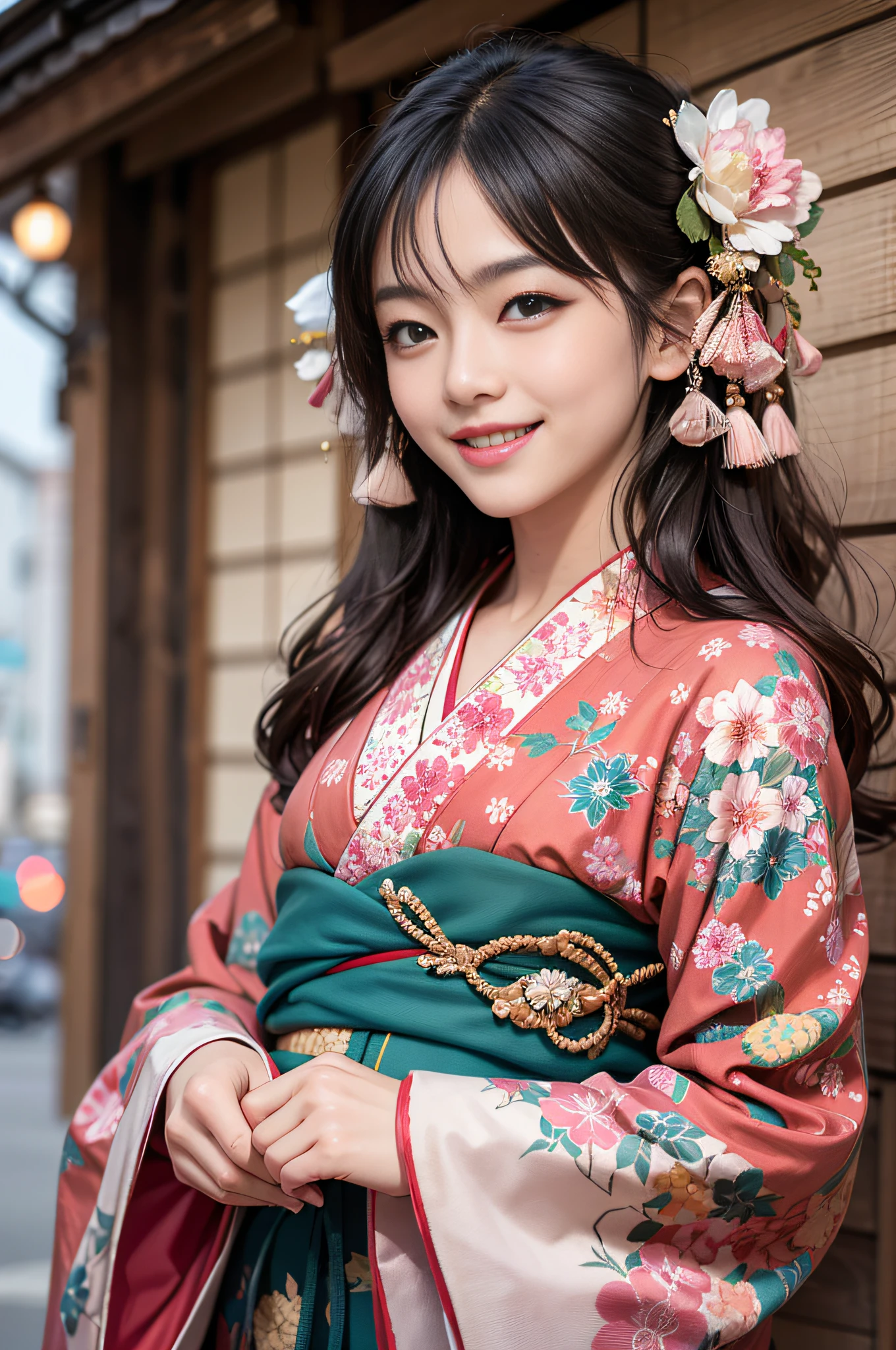 8K, top-quality, A high resolution, blend, Real Human, A beautyful girl,  A smile, traditional japanese kimono、Luxury kimono、No wrinkles at all