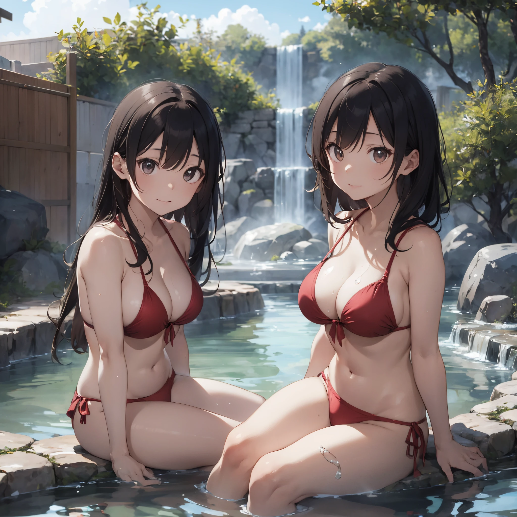 Realistic background blur that looks like it was taken with a high-performance camera.、Please provide high quality illustrations.....。A beautiful girl soaking in a hot spring with a relaxed expression.、The steam rising from the bathtub is beautifully depicted......。Attention to detail in hair and skin、Enjoy the natural texture。To convey the atmosphere of a hot spring area、Please draw the surrounding scenery and hot spring facilities......。Highlight that the beautiful girl is wearing a red bikini、Please draw an illustration that takes advantage of her charm......。"