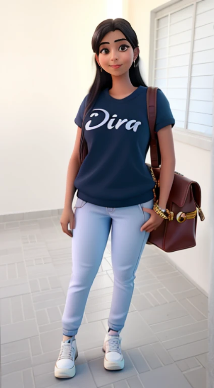 mulher jovem, morena, com bolsa pendurada no ombro, estilo pixar, alta qualidade, melhor qualidade