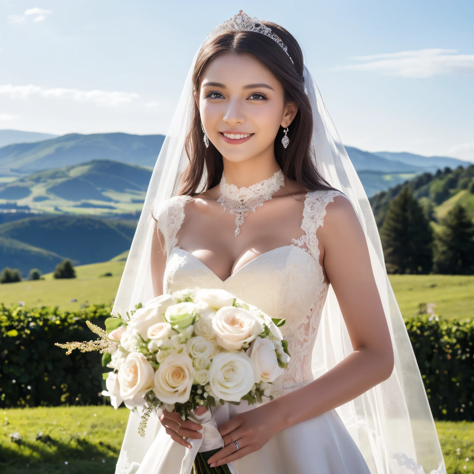 ((top-quality、masutepiece、8K、Top image quality、SFW))、(Bright and vivid:1.3)、(1 photo:1.3)、((Austrian beauty、most luxurious wedding dresses、Wedding bouquet、wedding lace、perfect wedding lace、perfect bride、austrian bride、austrian face、austrian hair color、austrian skin color))、(World tourist destinations in Austria on the background、Austrian World Heritage Sites:1.3)、cowboy  shot、the best smile when you look at me、perfect anatomia、Perfect fingers、perfect hand