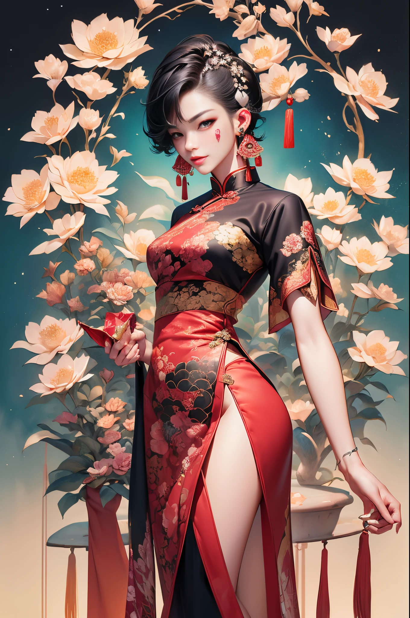 (masterpiece, top quality, best quality, official art, beautiful and aesthetic:1.2), (girl:1.3), extremely detailed,(fractal art:1.1),(colorful:1.1)(flowers:1.3),highest detailed,(zentangle:1.2), (dynamic pose), (abstract background:1.3), (Chinese Traditional cloth:1.2), (shiny skin), (many colors:1.4), ,(earrings:1.4),