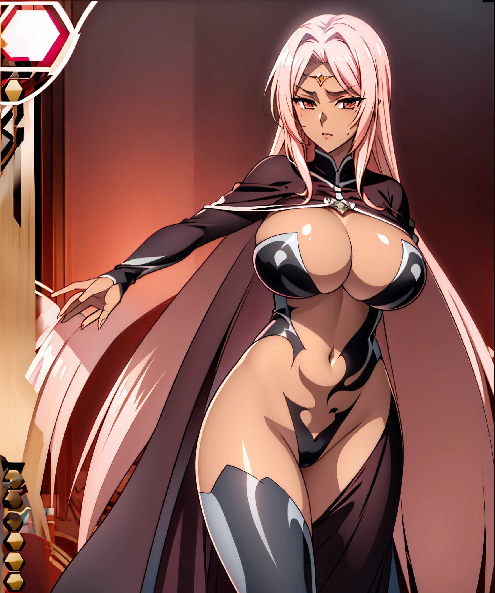 Brown skin，Long pink hair，heroic look，dark elves，Long black cape，Expose the lower half of the breast，Big breasts and buttocks