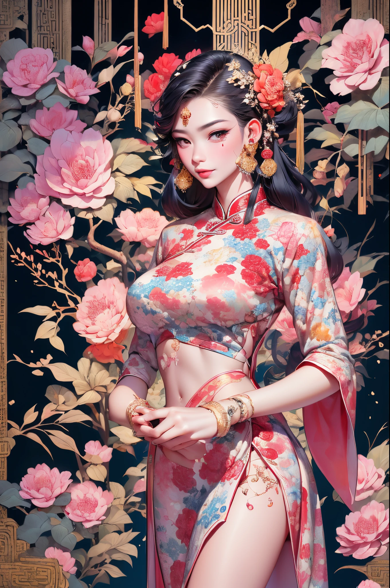 (tmasterpiece,quality,Best quality,offcial art,Beauty and aesthetics:1.2),(1 Sister:1.3),The content very detailed,(s fractal art:1.1),(One color:1.1)(Blooming flowers:1.3),Most detailed,( tangled:1.2), (dynamicposes), (abstract backgrounds:1.3), (Chinese fabric:1.2), (Skin glows), (Lots of colors:1.4), ,(耳Nipple Ring:1.4),(Decorative painting:1.6,), lamplight,Ink painting and watercolor,ink,water ink,