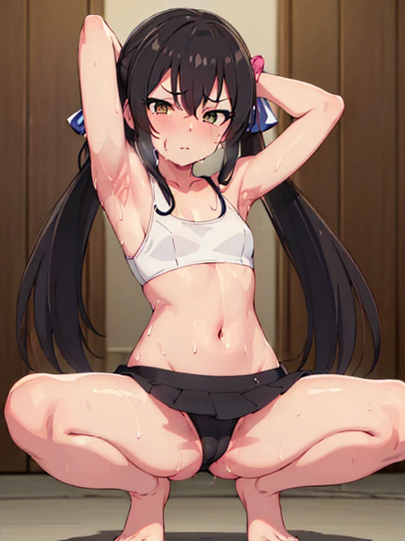 masterpiece, best quality, highres, Matoba Risa, 1girl, solo, busty, small breasts, black hair, twintail, sport bra, short skirt, garter on thigh, looking at viewer, full body, standing, simple background, (erotic pose:1.4), blush, flustered, (Crotch panties exposed:1.3), ((Sweating in heat, arms behind head, double armpits, crouching down, half-squat, Open the crotch before:1.3)), In the middle, symmetrical,