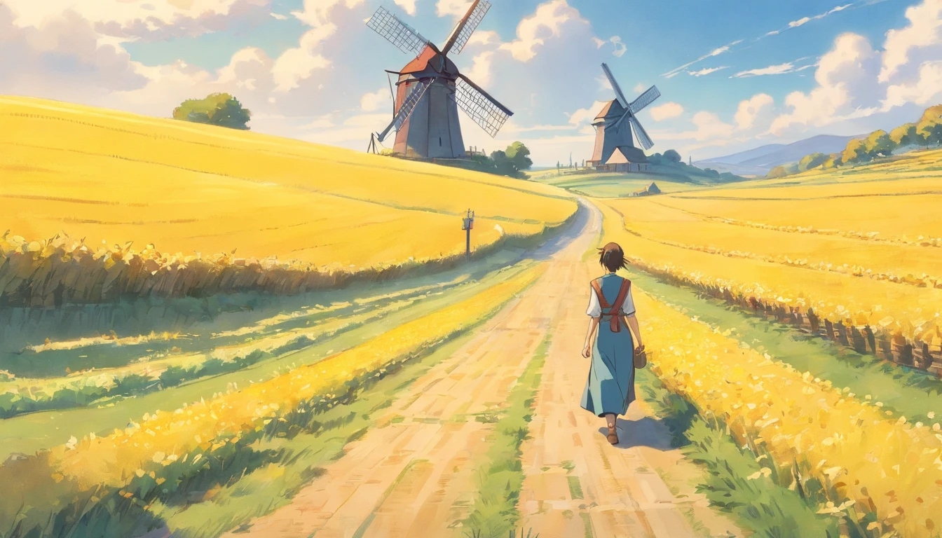 detailed color pencil drawing of farmers walking on a narrow road between yellow fields, cloudy, ((1windmill in the background)),, (farmer towards the camera) stills from Lord of the Rings, 2001, in the style of Alan Lee, fantasy