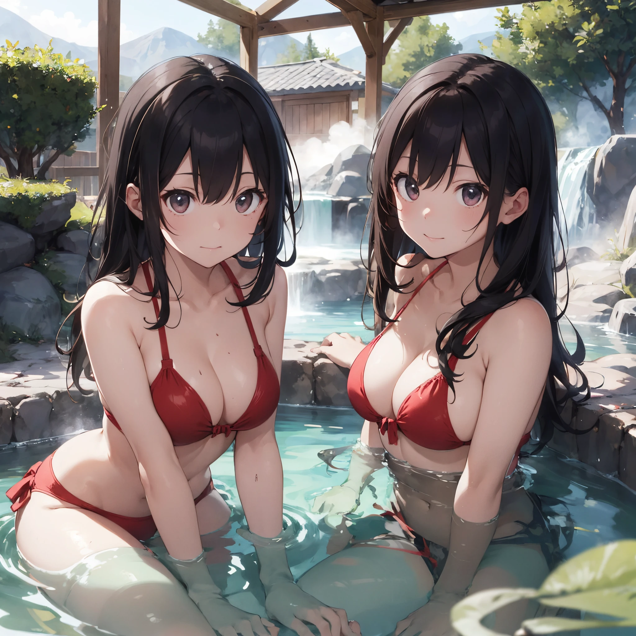 Realistic background blur that looks like it was taken with a high-performance camera.、Please provide high quality illustrations......。A beautiful girl soaking in a hot spring with a relaxed expression.、The steam rising from the bathtub is beautifully depicted.......。Attention to detail in hair and skin、Enjoy the natural texture。To convey the atmosphere of a hot spring area、Please draw the surrounding scenery and hot spring facilities.......。Highlight that the beautiful girl is wearing a red bikini。、Please draw an illustration that takes advantage of her charm.......。"