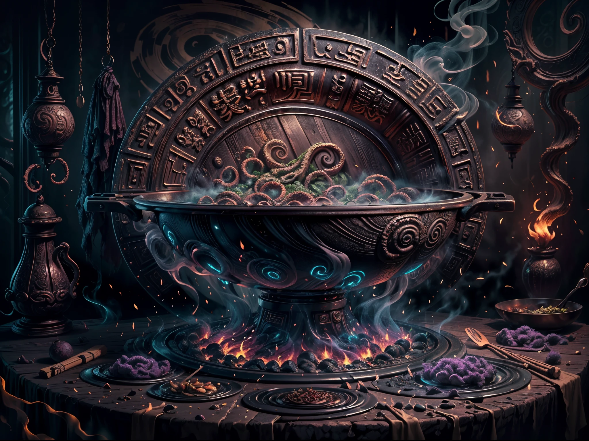 (best quality,4k,highres,masterpiece:1.2),a close shot of a kitchen wok,HP.lovecraft style,ominous atmosphere,ancient and mysterious,elaborate engravings on the wok,dark and eerie lighting,cthulhu-like tentacle-shaped handle,detailed and weathered surface,unearthly patterns on the wok,alien symbols and runes,ancient writings and incantations,powerful arcane energy emanating from the wok,otherworldly smoke rising from the wok,haunting and unsettling shadows,unearthly colors,eldritch glow illuminating the scene,forbidden secrets concealed within the wok,whispering voices in the background,forbidden knowledge waiting to be unveiled.