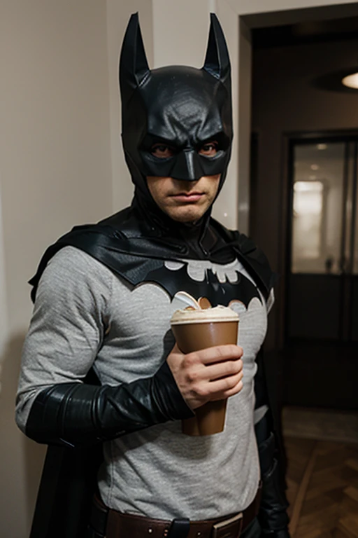 batman standing and holdin a cup of coffee seing tot he camera
