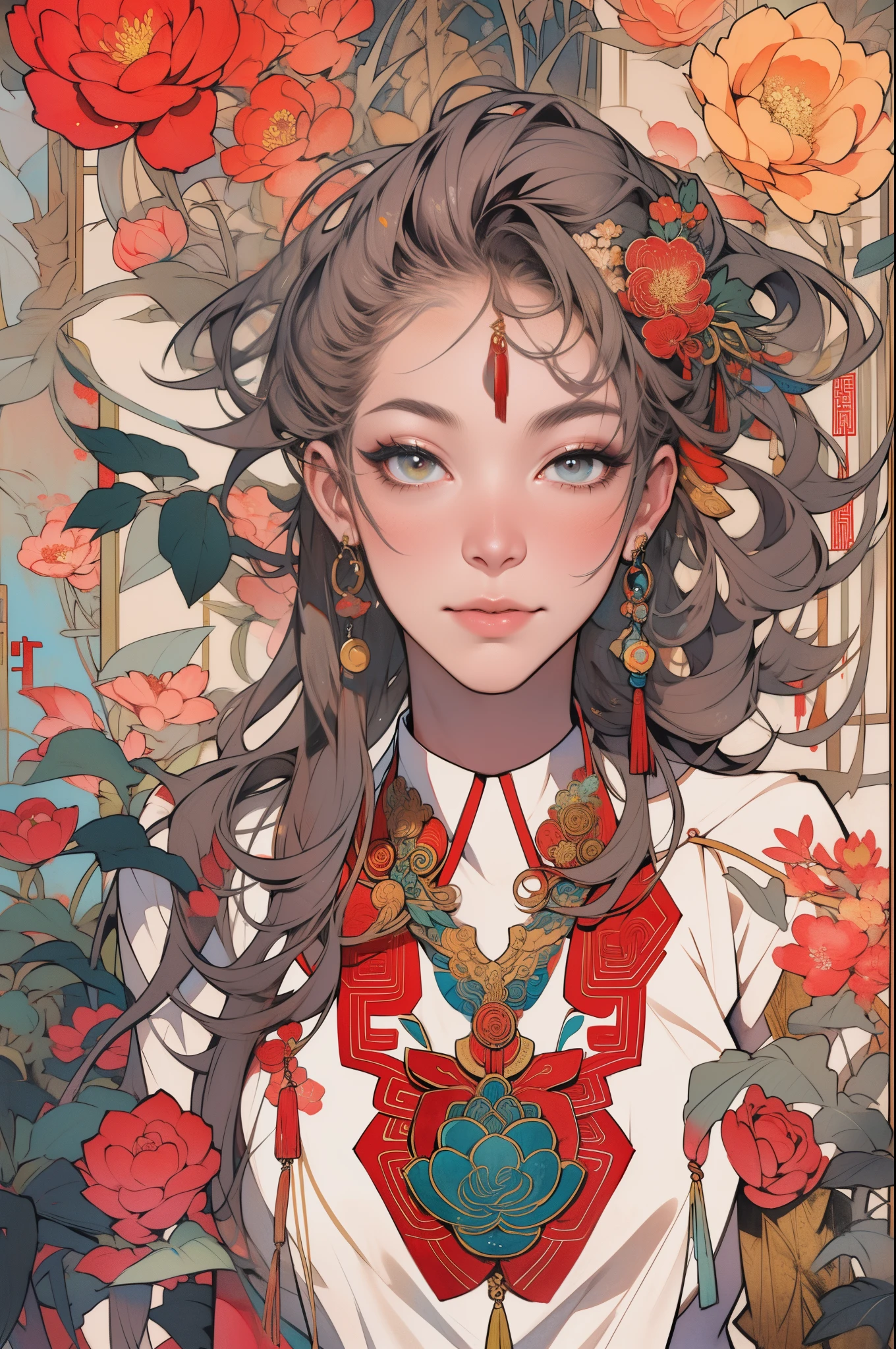(tmasterpiece,top-quality,Best quality,offcial art,Beauty and aesthetics:1.2),(1个Giant Breast Girl:1.3),The content is very detailed,(s fractal art:1.1),(One color:1.1)(blossom flower:1.3),Most detailed,( Tangled:1.2), (dynamicposes), (abstract backgrounds:1.3), (Chinese Traditional Cloth:1.2), (Glossy glossy skin), (Lots of colors:1.4), ,(耳Nipple Ring:1.4),(Decorative painting:1.6,), illuminations,Ink painting and watercolor,ink,water ink,
