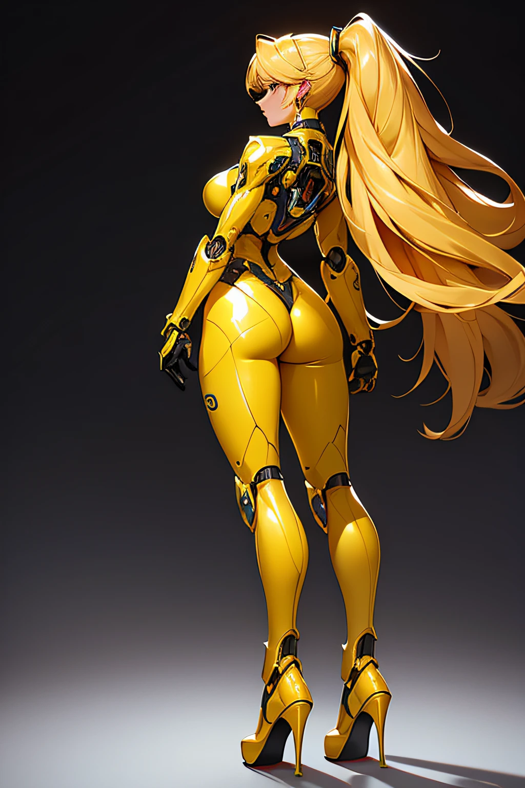 golden female cybernetic android robot in high heels, hands on hips, rear view looking over shoulder, wide stance, isolated on a white background