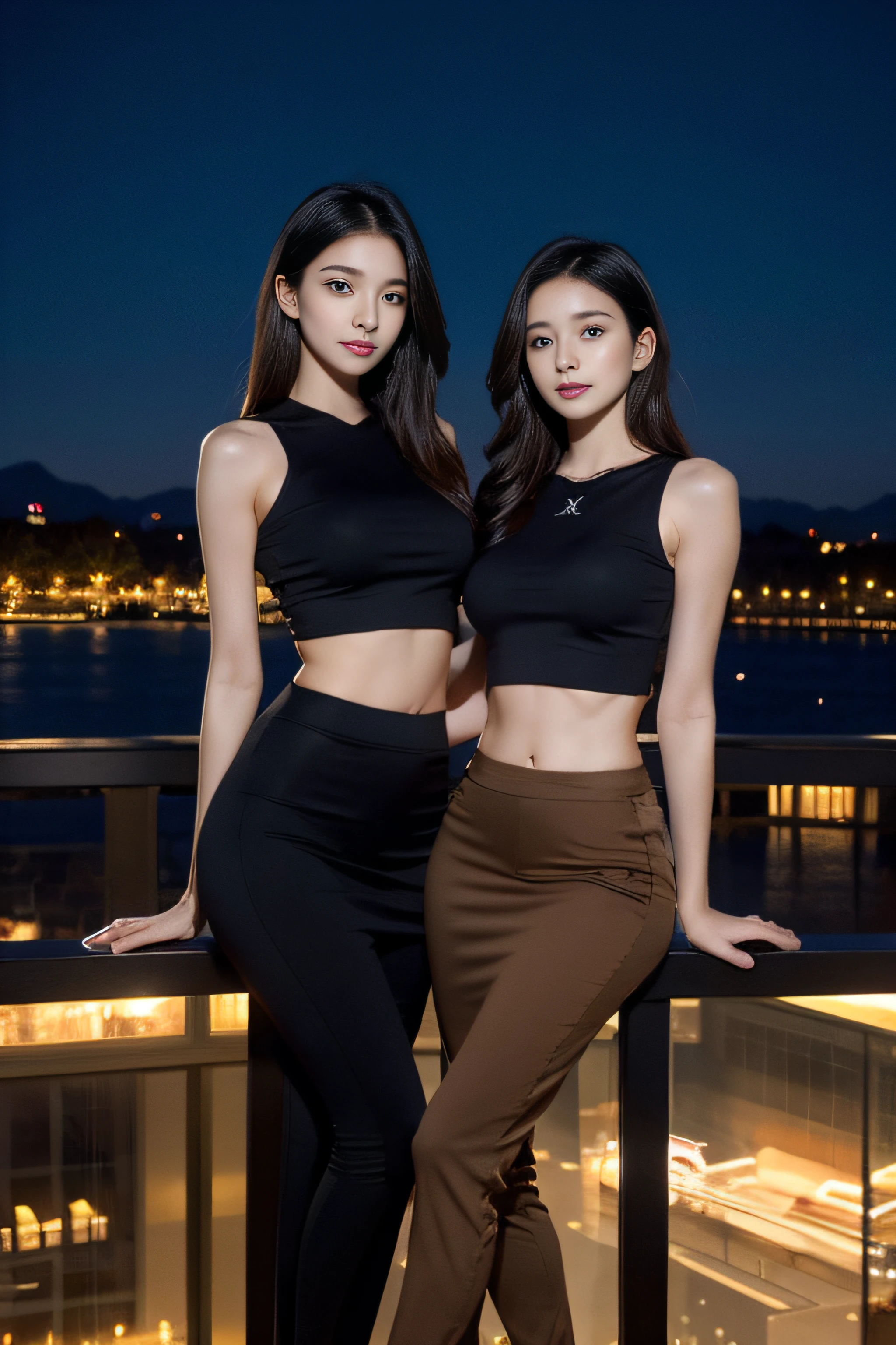 ((midynight, Acura, 8K, tmasterpiece: 1.3)), full bodyesbian, long leges, Focalors: 1.2, Two beautiful girls with perfect bodies: 1.4, Slim abs: 1.1, (dark brown hair,: 1.2 )), (Crystal blue skinny crop top T-shirt, short skirt,sitting on a stool: 1.2), (city night scene, the roof: 1.3)), Highly Detailed Face and Skin Textur, detailedeyes, 二重まぶた,
