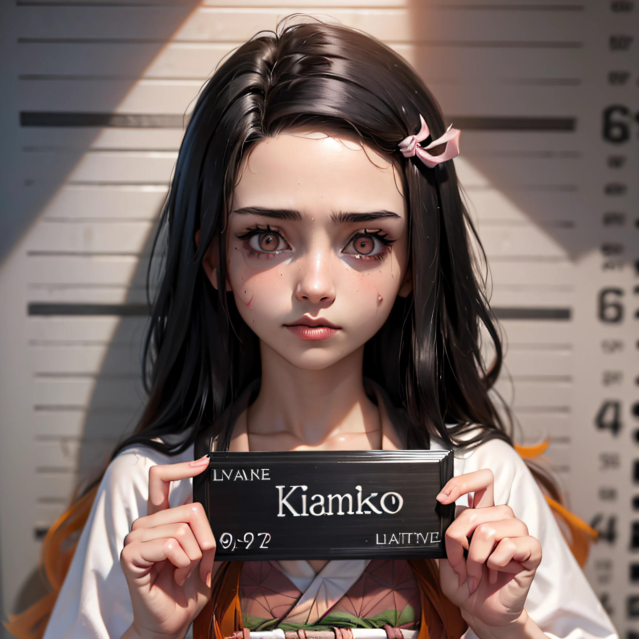 corpse, sinister, female, thin, pale, looking at the camera, ultra realistic, fully detailed, cemetery environment, bright eyes, white dress torn and stained with blood, bones exposed, putrid wounds, sensual, terrifying, bruised by the body, exposed fracture in the collarbone, slight smile, super detailed, white eyes,gun shots in the body, black hair, Nezuko Kamado, Kimono, mugshot,