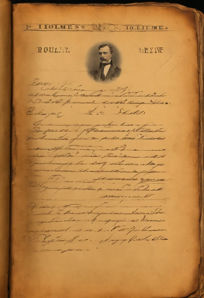 A close-up of a vintage journal with handwritten notes and sketches,original,being more than six feet tall, very lean, with piercing eyes and a thin hawk-like nose. Holmes's voice was high and occasionally strident.