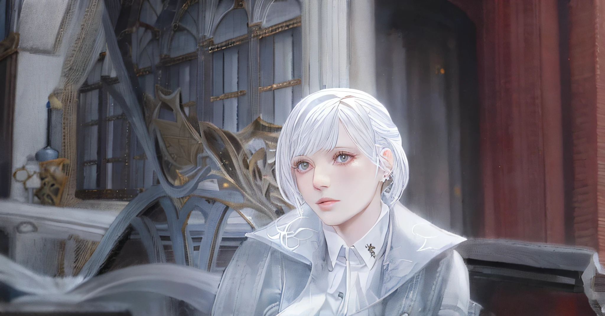 There is a white-haired woman wearing a coat..., white hair, tranding on pxiv, character close-up, Girl with white hair, cute little