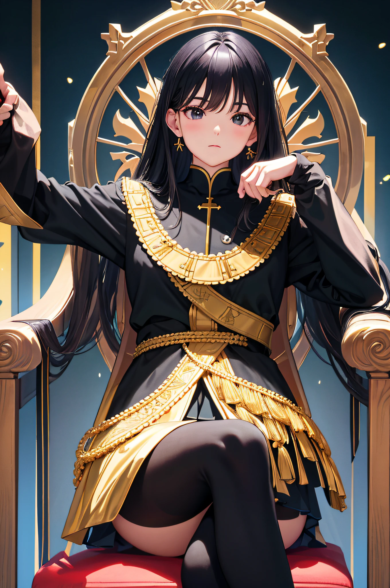 top-quality、8K、face perfect、Big sister、cabelos preto e longos、Black eyes、sit cross-legged in a noble chair、Black tights、mocking the face、Angle from below、Focus on the face
