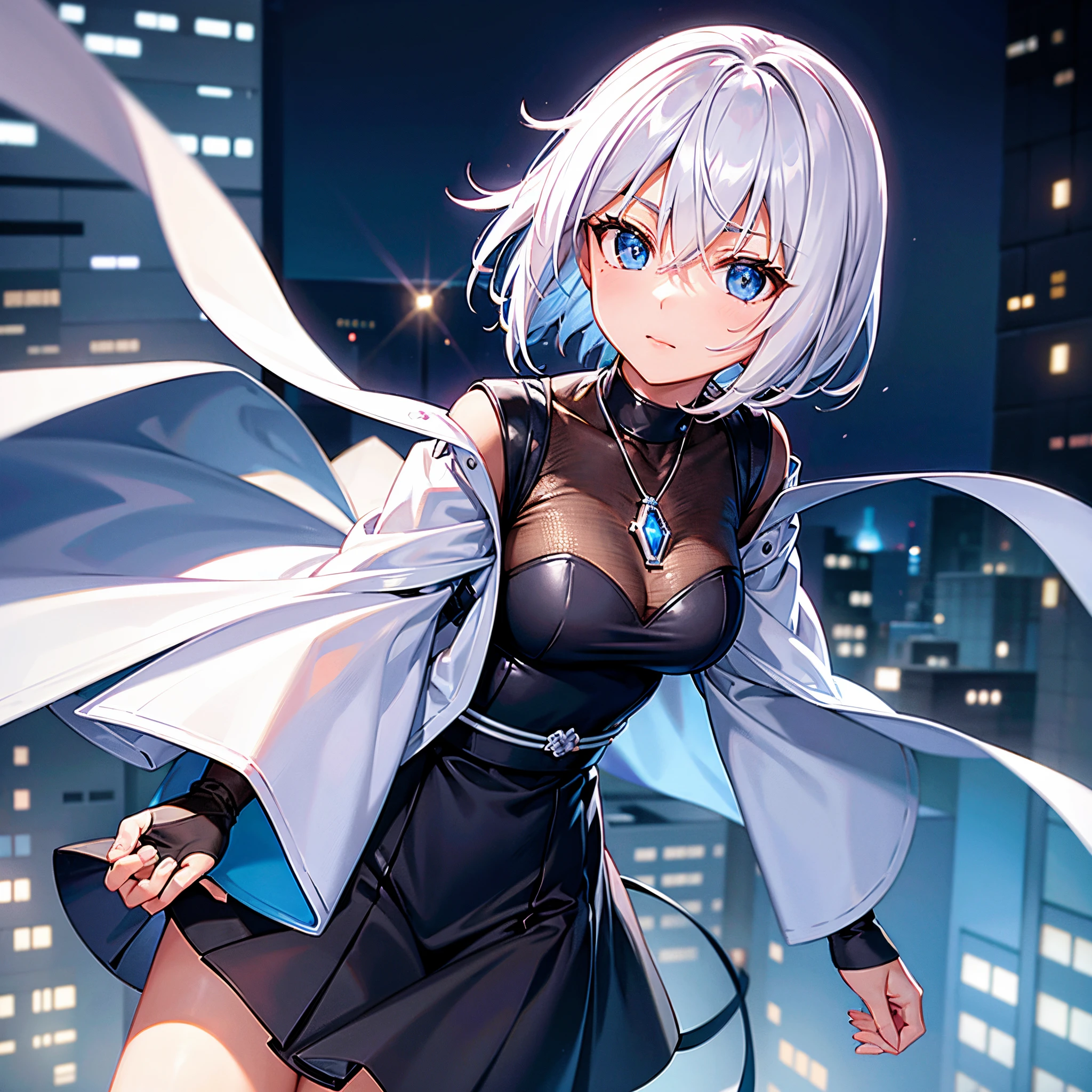 deep in the night、Rooftop of an urban building、Sniper Woman、White medium short hair lob hair with light pink mesh、blue eyes、Black long coat、White T-shirt、a black skirt、Cool face、Sapphire Necklace、cool lady、carrying a sniper rifle、high-level image quality、High Quality、Two-dimensional illustration、Japan Anime、,drawn by Japanese ilastrator