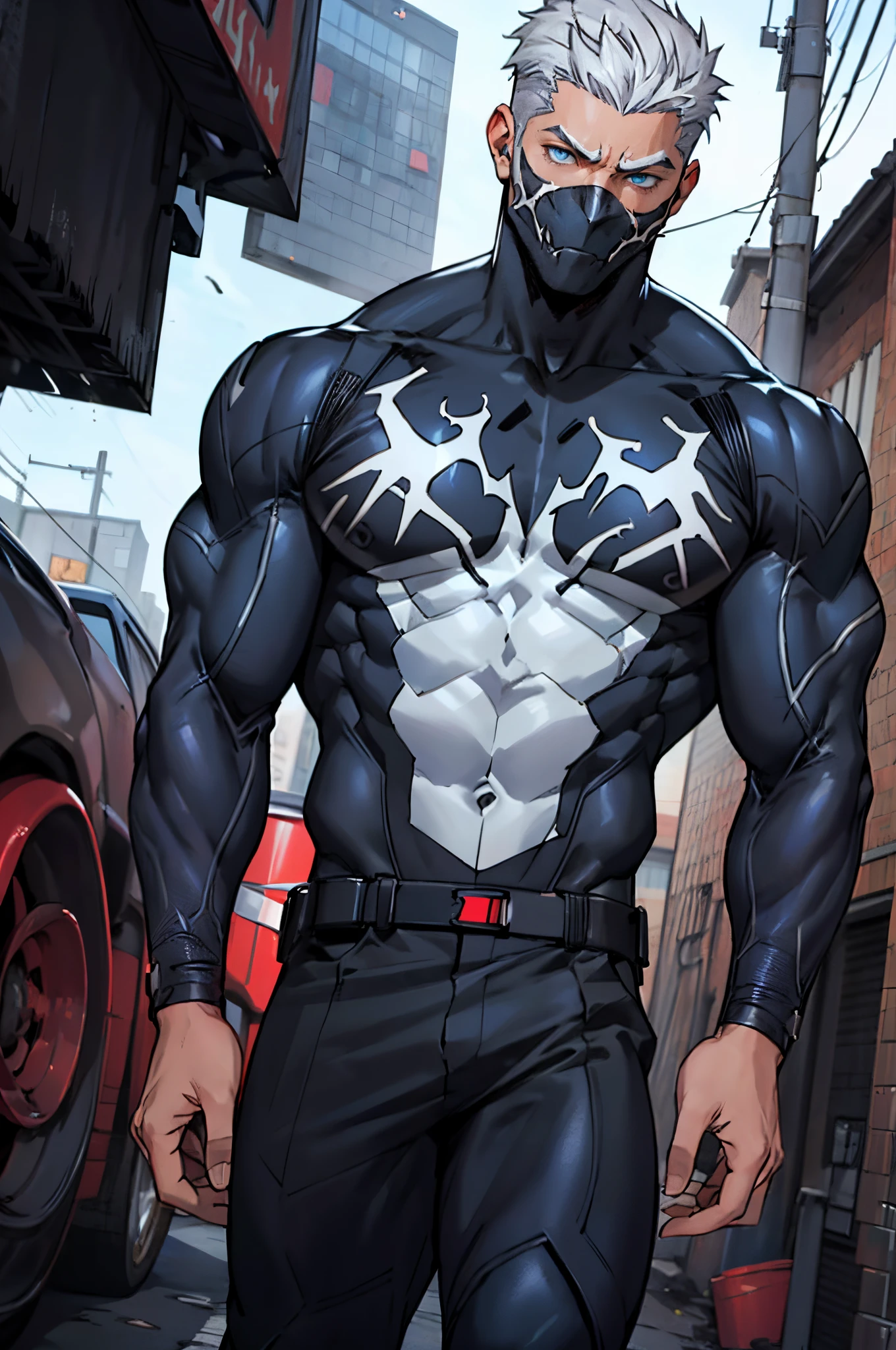 young muscular male, masterpiece, intricate details, upper body, best quality, eye focus, silver hair, manly, stubble, venom, symbiote,(emiya_shiro:1.2),dark skin, 1boy, (symbiote full bodysuit:1.1), eye focus, face, detailed eyes, symbiote skin tight, blue eyes, full body,