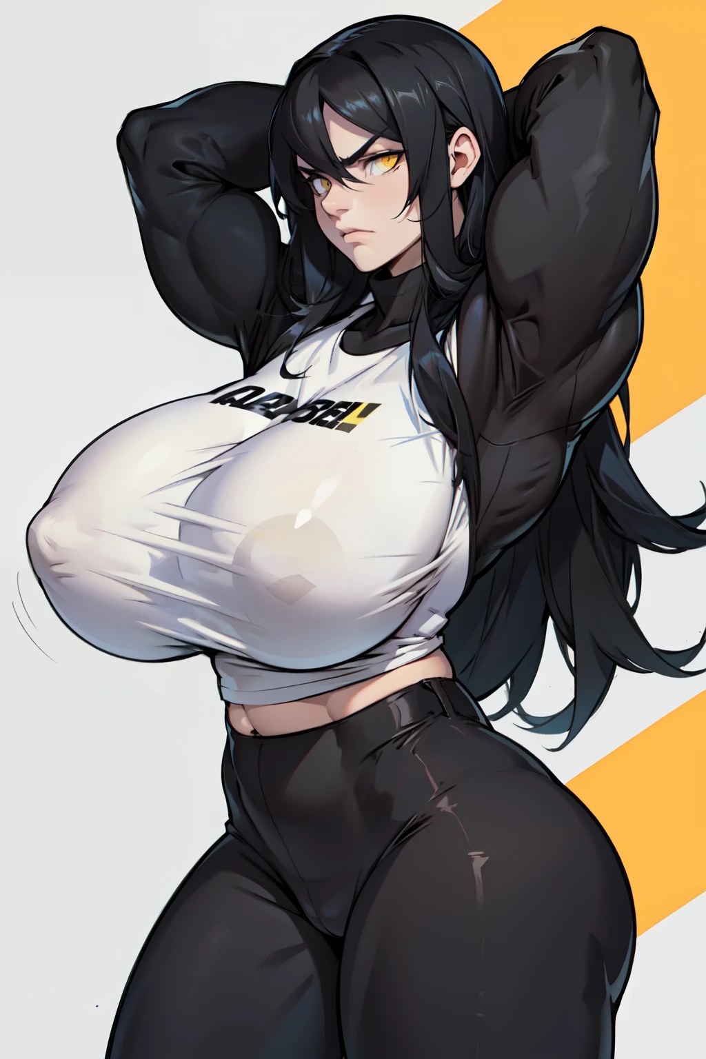 (((huge muscles huge breasts))) black hair yellow eyes pale skin tight black long sleeve t-shirt black leggings frown long hair