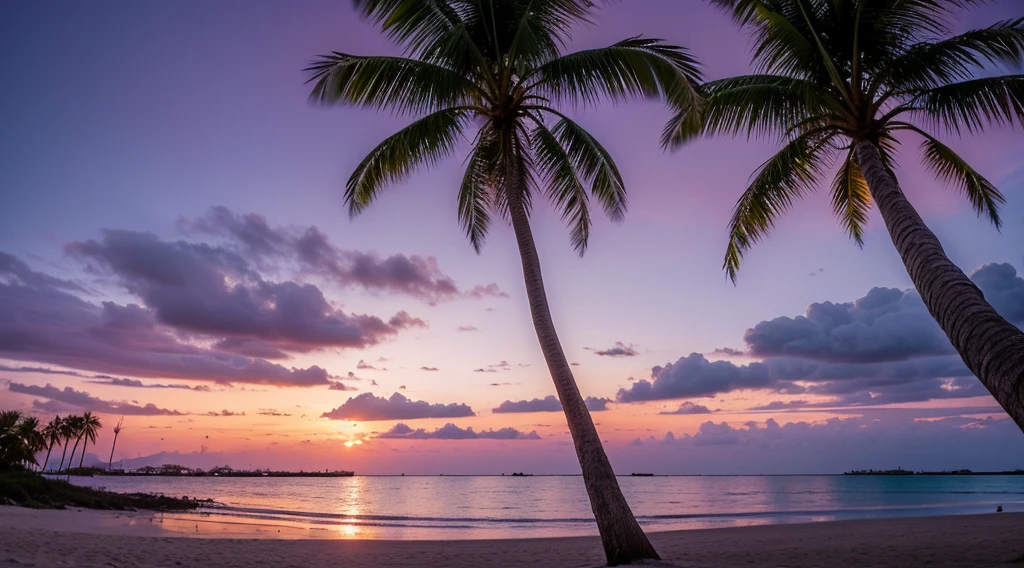 1990s, purple sky, beach, palm tree