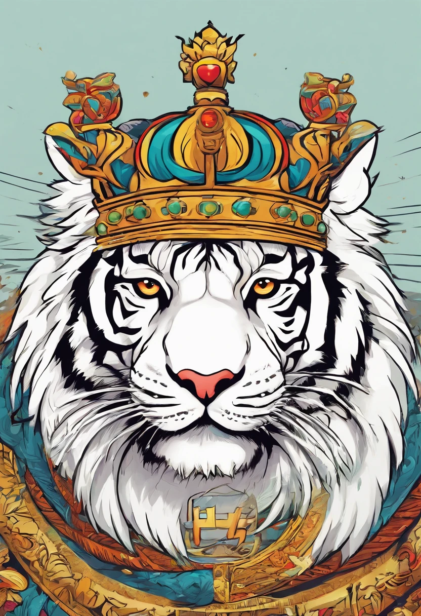 White Tiger with crown, Indonesian Monster and culture, poster, streat wear design, 1990 vibe, HD texture, Javanese Culture, Bali's Culture, plain background
