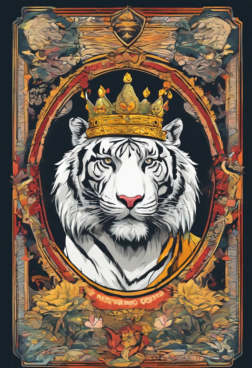 White Tiger with crown, Indonesian Monster and culture, poster, streat wear design, 1990 vibe, HD texture, Javanese Culture, Bali's Culture, plain background