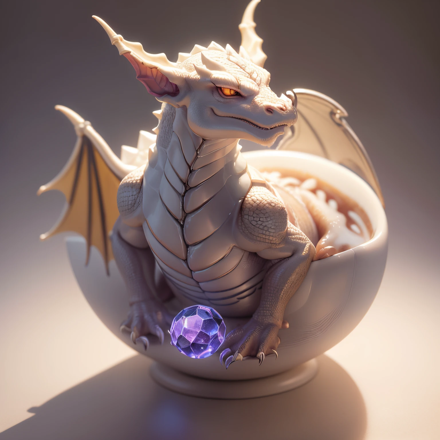 Ultra-realistic, 16K image,Realistic but deformed dragon、games、isometric、detaileds、(Flat white background:1.5)、A dragon is sitting on a crystal ball、shenron、3D、gargoyle-like figurine