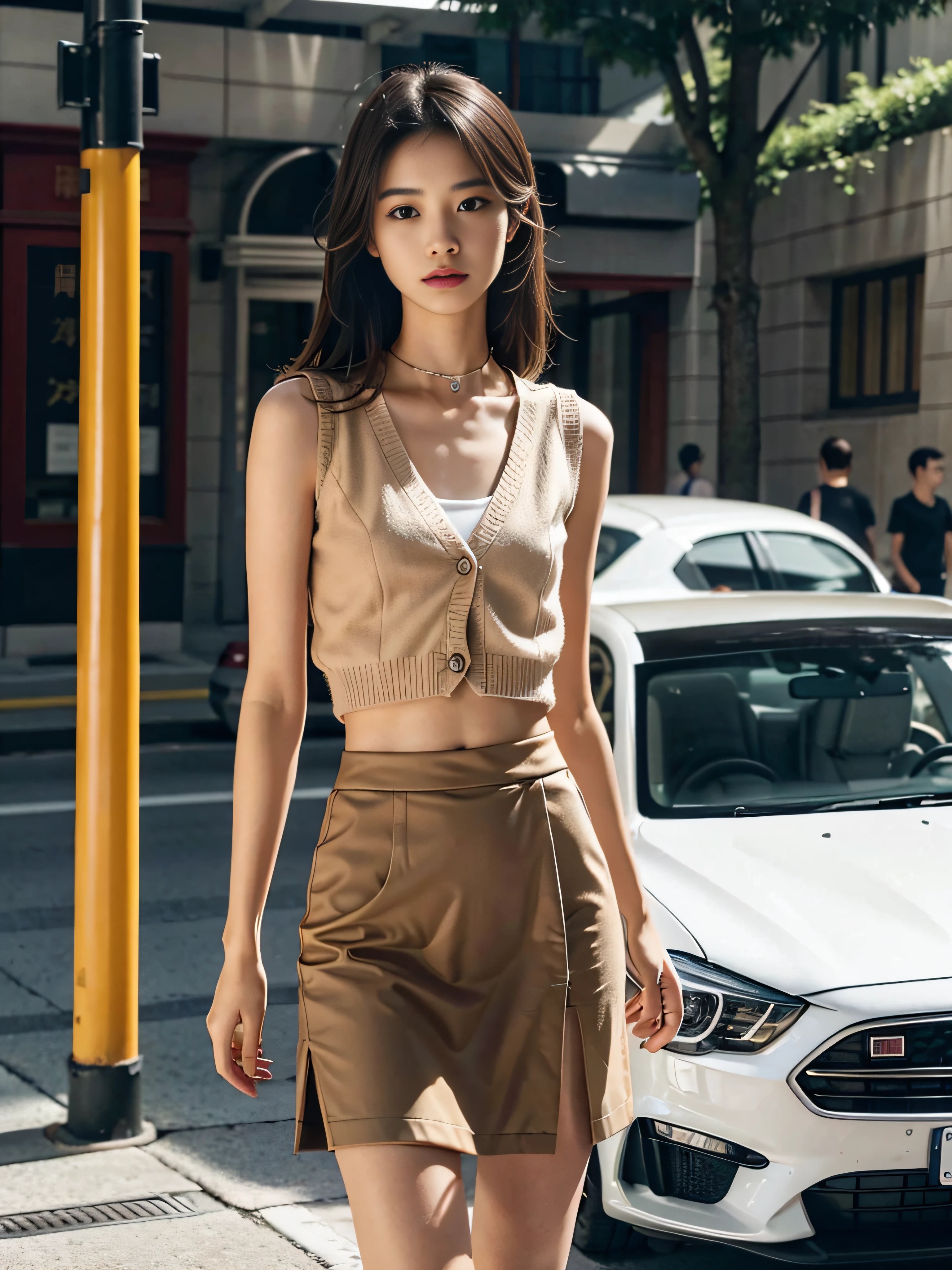 ((smallunderboob,Tomboyish,small heads)), (Well-defined abs: 1.1), (perfect bodies: 1.1), (short-length straighthair: 1.2), Black hair, collars, chain, fully body photo, crowding street, Wearing a gray vest，White cardigan，Long beige skirt slit skirt，（极其细致的CG 8k壁纸），（Extremely refined and beautiful），（tmasterpiece），（best qualtiy：1.0），（超A high resolution：1.0），beautiful light up，Perfect lightning，realistic shaded，[A high resolution]，Delicate skin，ultra - detailed (((Colorful)))