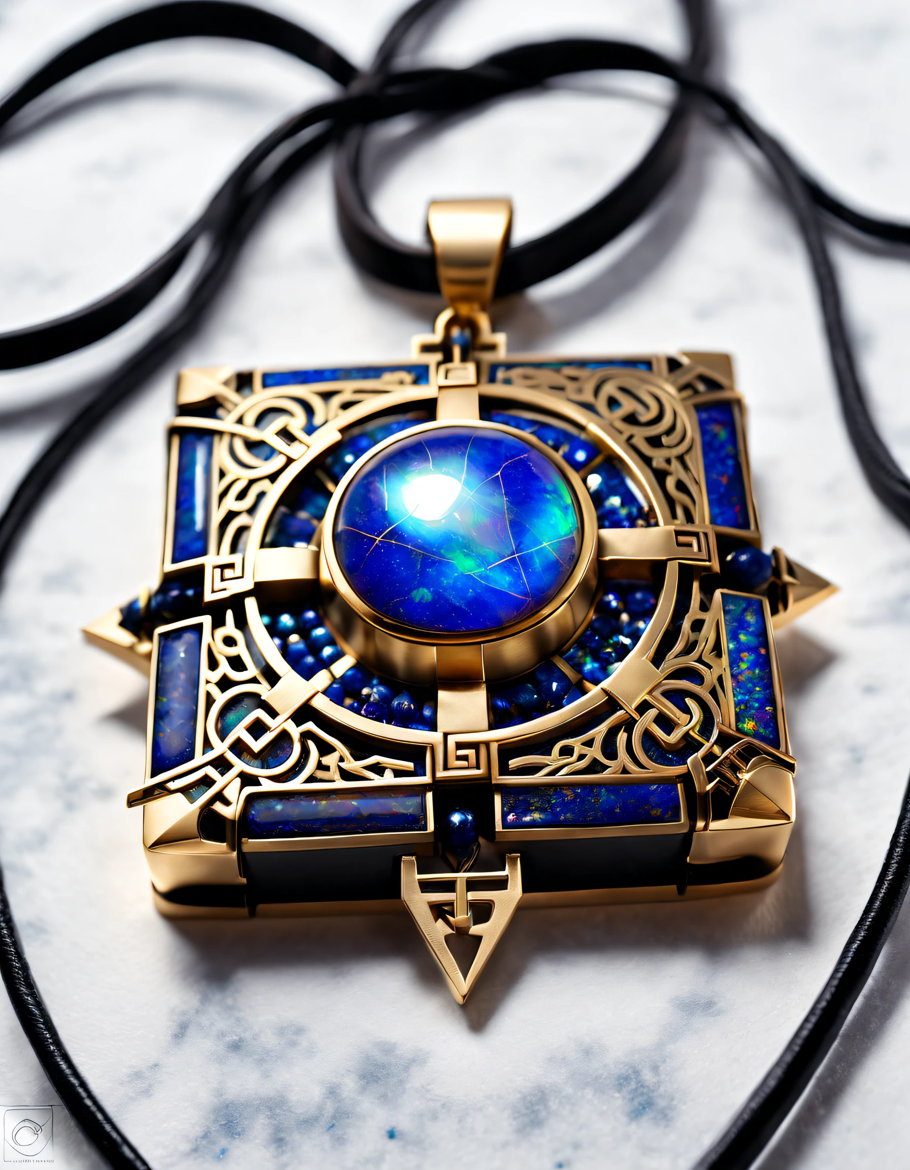 Item design, (Square pendant close-up), (There is a huge double opal in the center: 1.2), a leather cord, (Constellation symbol:1.2), (Black gold border:1.1), (lapis lazuli), (turquesa),Complex structure, geometric shapes, 3Drenderingof, ,number art, jewelry photography,3d engraving background: Black stone, ,