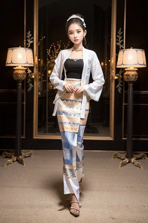 MMTD Burmese patterned traditional dress lady full body details beautiful ai girl background is blue colour