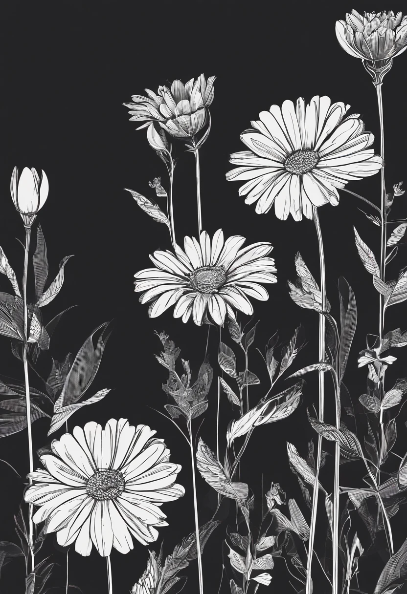 daisy flowers, single color, solid line, wallpaper style, dark background