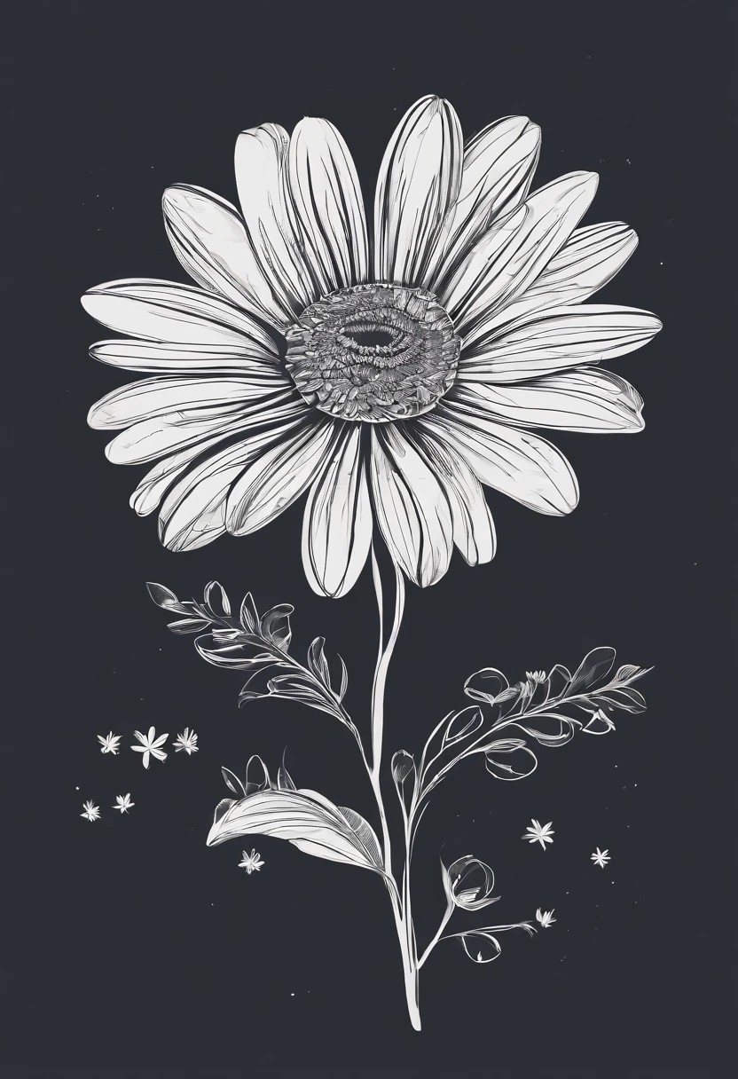 daisy flowers, single color, solid line, wallpaper style, dark background