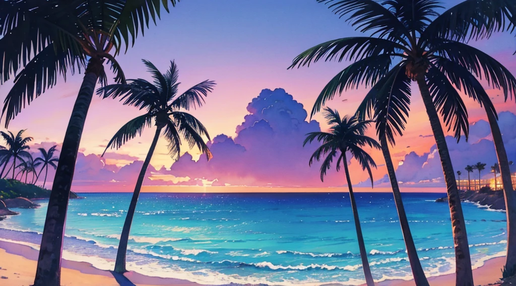 watercolor, 1990s, purple sky, beach, palm tree