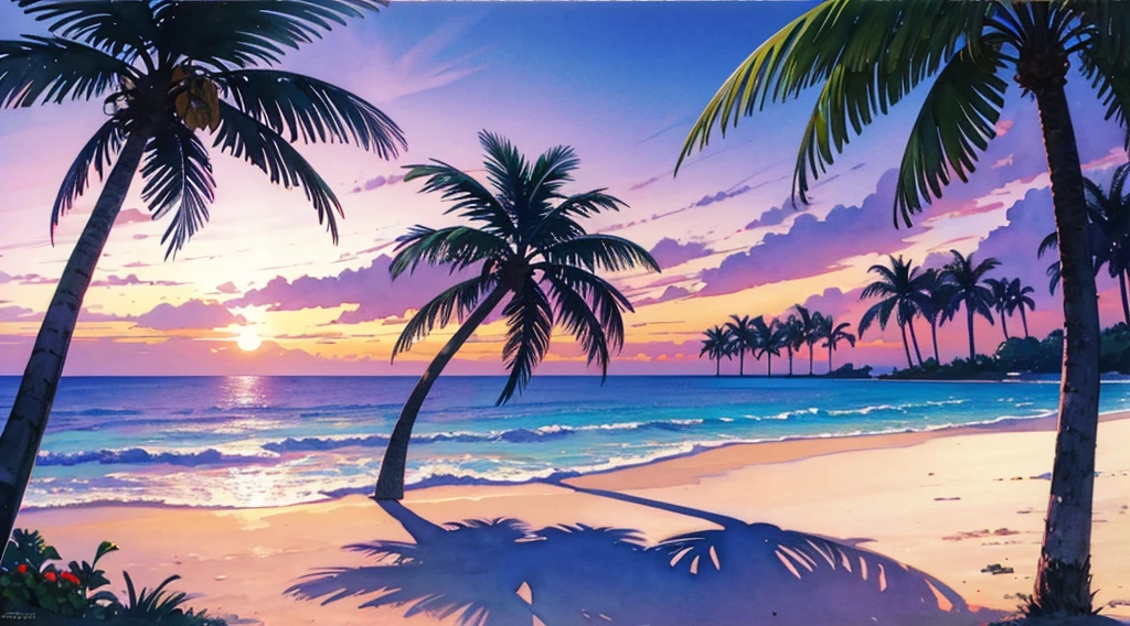 watercolor, 1990s, purple sky, beach, palm tree