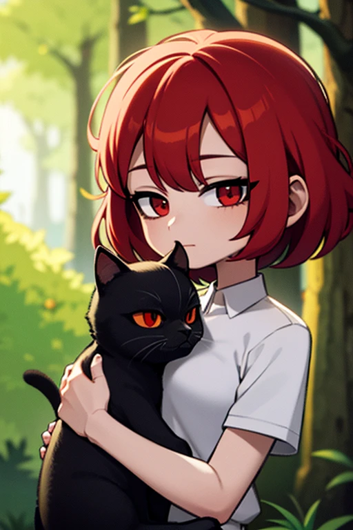 a red haired woman with red eyes is holding a black cat in the woods