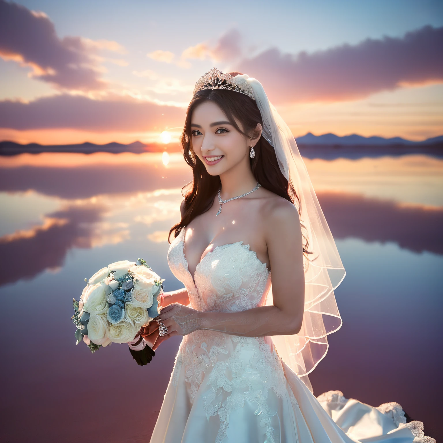 ((top-quality、masutepiece、8K、Top image quality、SFW))、(Upper body photo of beautiful woman:1.5)、(((italian bride、1 bride、huge and luxurious wedding dress、Giant Tiara、Wedding bouquet、big wedding lace、beautiful wedding lace、perfect bride)))、(Salar de Uyuni reflecting the starry sky:1.5)、(Salar de Uyuni reflecting the starry sky:1.5)、(Perfect shiny water surface of Salar de Uyuni:1.5)、((natta、sky at night、starrysky、shooting stars、Beautiful starry sky、night starly sky、Fantastic starry sky、Sparkling starry sky、Beautiful woman standing on the starry sky and Salar de Uyuni、perfect salt flats of uyuni、Perfect authentic Uyuni salt flats))、(cowboy shot、the best smile when you look at me、large full breasts、perfect anatomia、Perfect fingers、perfect hand
