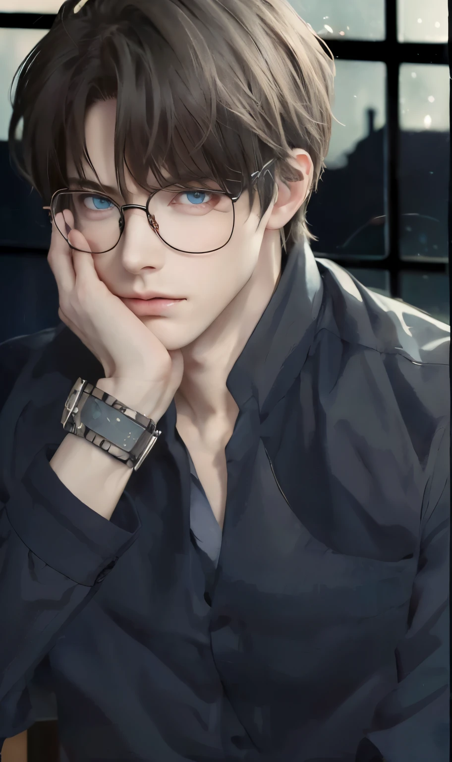 boy with glasses and a watch sitting in front of a window, handsome man, handsome pose, tall guy with blue eyes, portrait of a handsome man, delicate androgynous prince, male anime style, high quality fanart, beautiful androgynous prince, he wears an eyepatch