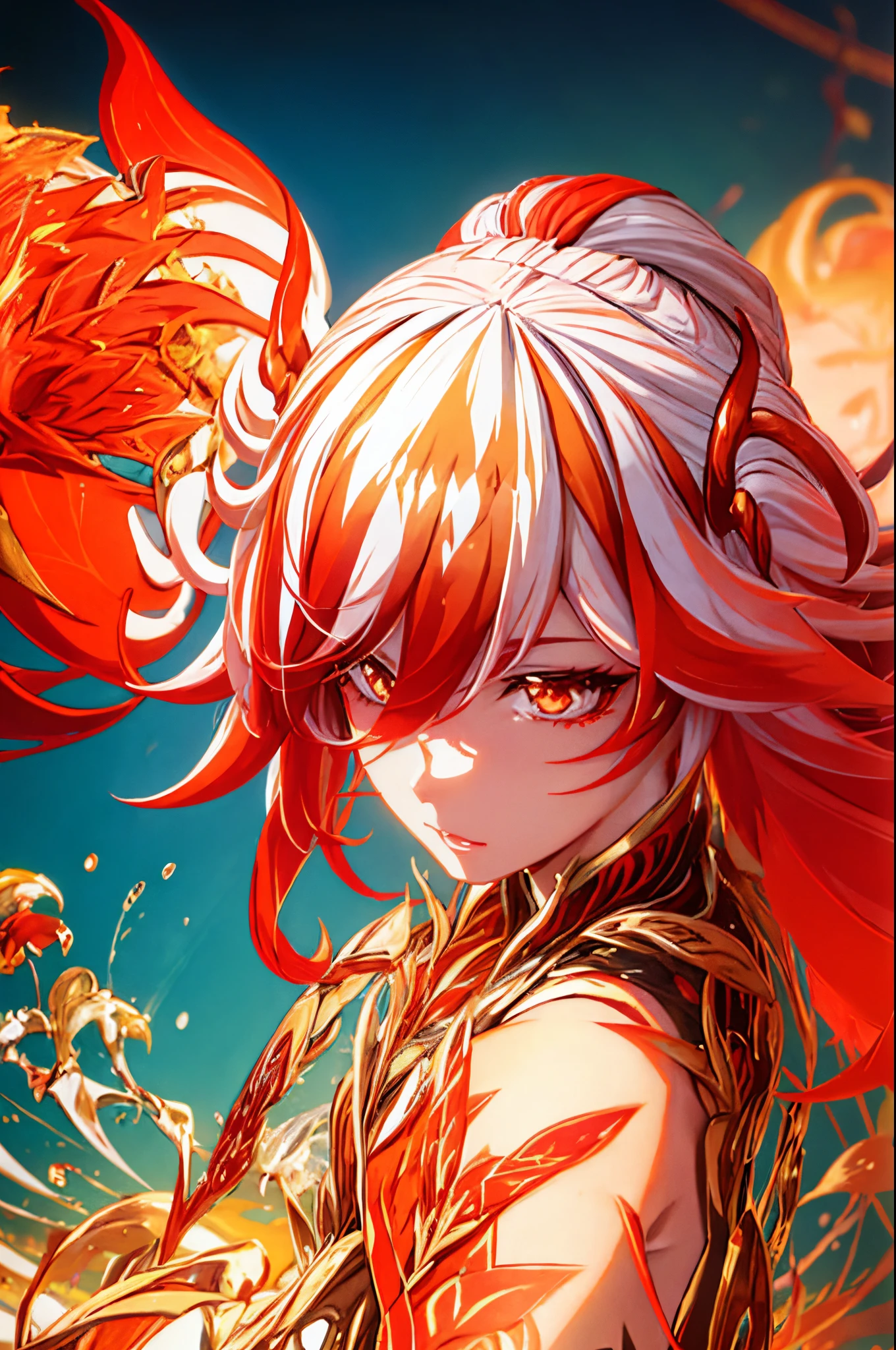 armor,red legwear,thighhighs,boots,facial mark,head wings,red gloves,two-tone hair,earrings,gloves,tassel,leotard,skirt,dress,elbow gloves,twintails,bare shoulders,tattoo,phoenix,ribbon,red ribbon,bangs,white hair,orange eyes,streaked hair,fu hua,orange hair,fiery hair,hair between eyes,multicolored hair,fiery wings,jewelry,hair ornament,gloves,hair ribbon,pattern on hair,logo,yellow pupils,diamond shaped pupils,