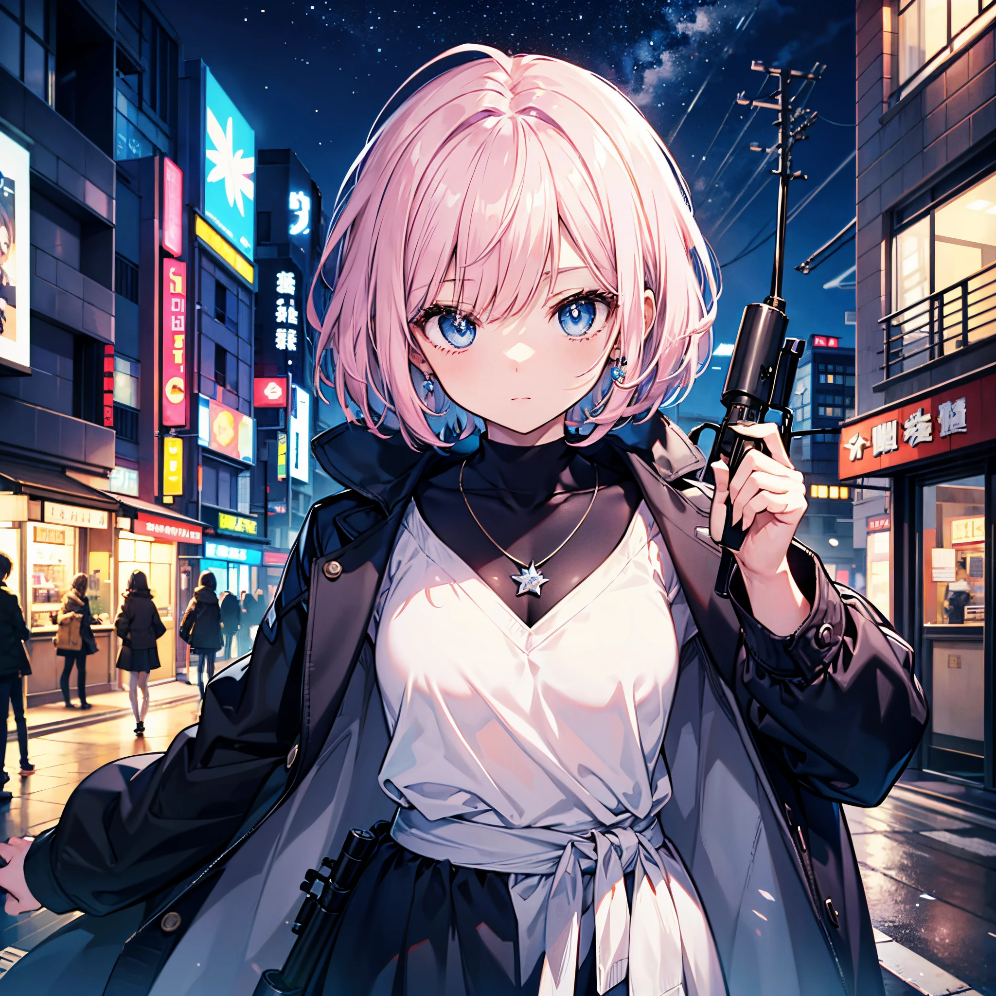 deep in the night、Rooftop of an urban building、Sniper Woman、White medium short hair lob hair with light pink mesh、blue eyes、Black long coat、White T-shirt、a black skirt、Cool face、Sapphire Necklace、cool lady、carrying a sniper rifle、high-level image quality、High Quality、hight resolution、2 million pixels、Two-dimensional illustration、Japan Anime、,drawn by Japanese ilastrator